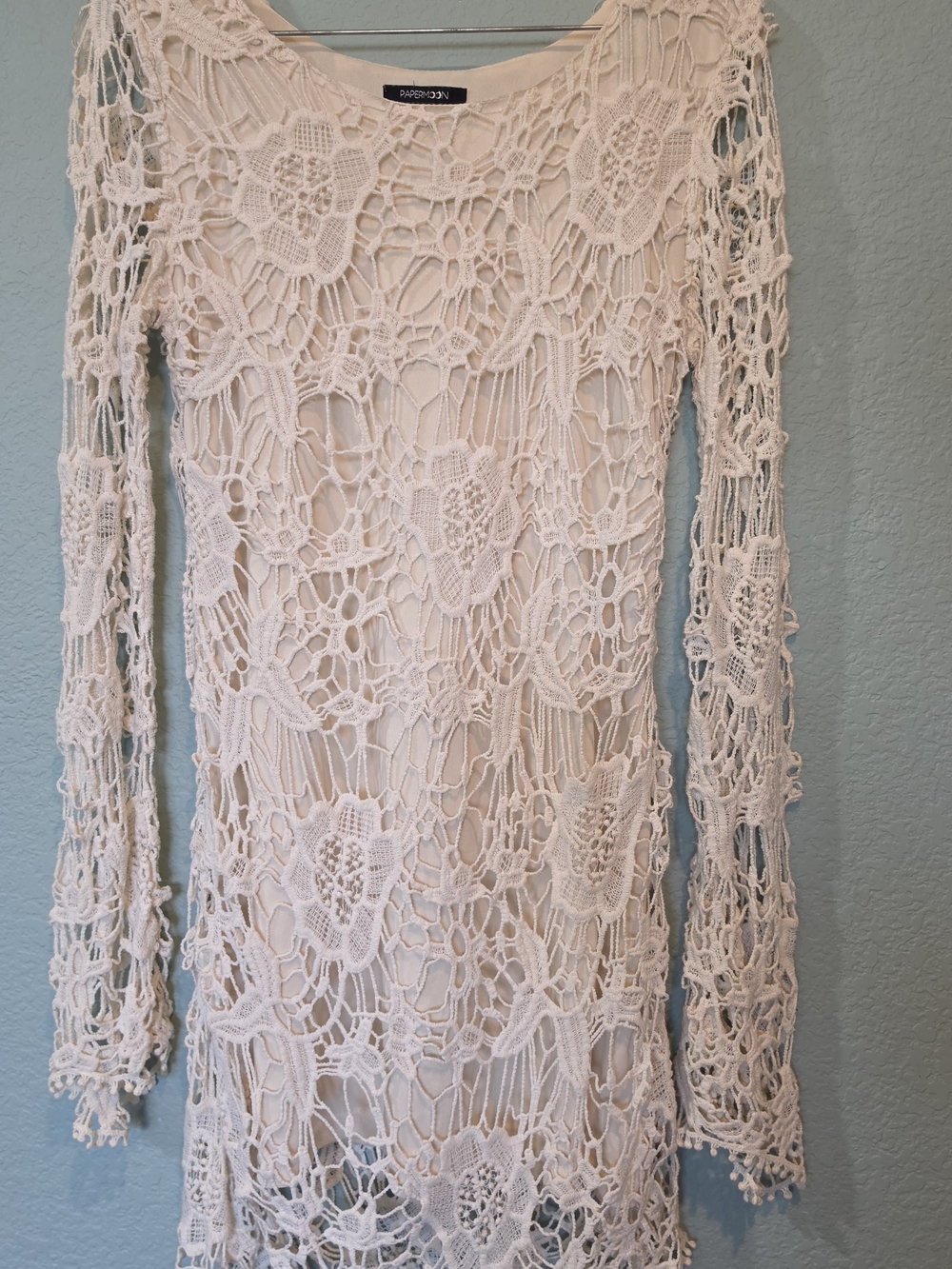 Papermoon Cotton Crochet Boho Mini Dress Cream Long Sleeve Lined Sz Small Cover